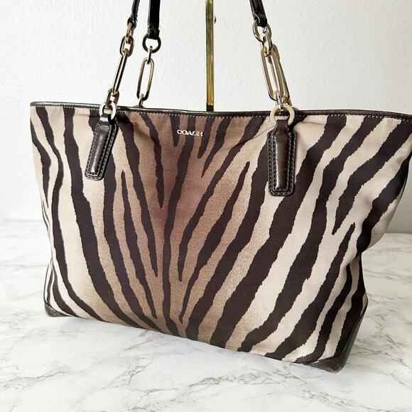 Coach Madison East West Tote With Zebra Print Brown/Tan Zip Top Shoulder Bag - Picture 2 of 16
